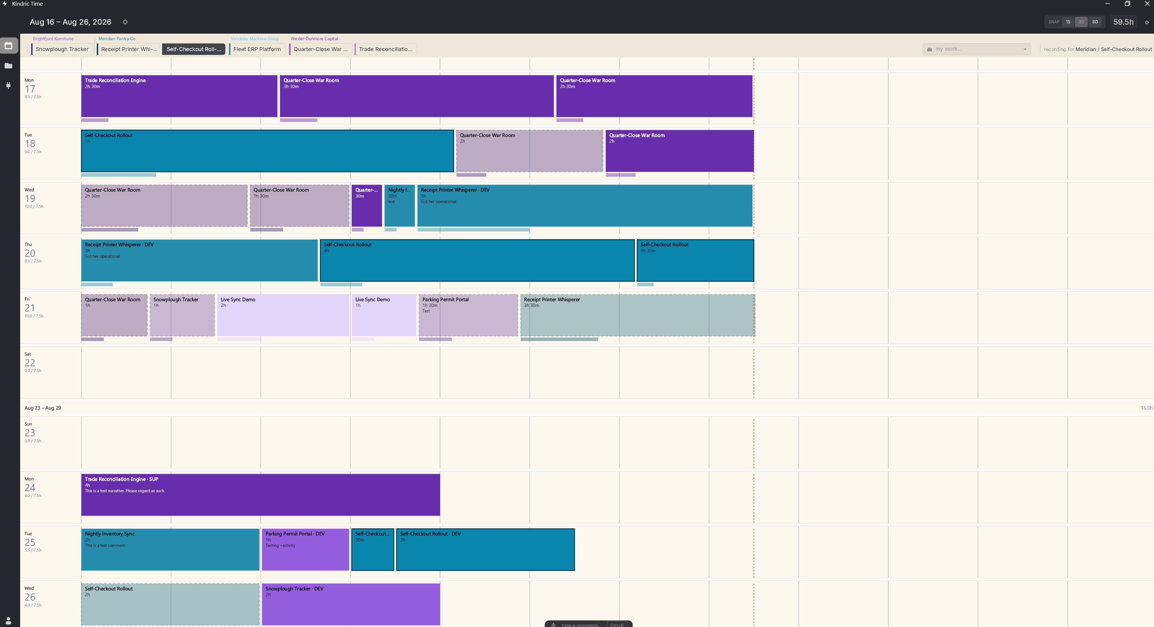 Kindric Time: days as rows and time as columns on a cream week canvas, with a running total in the header.